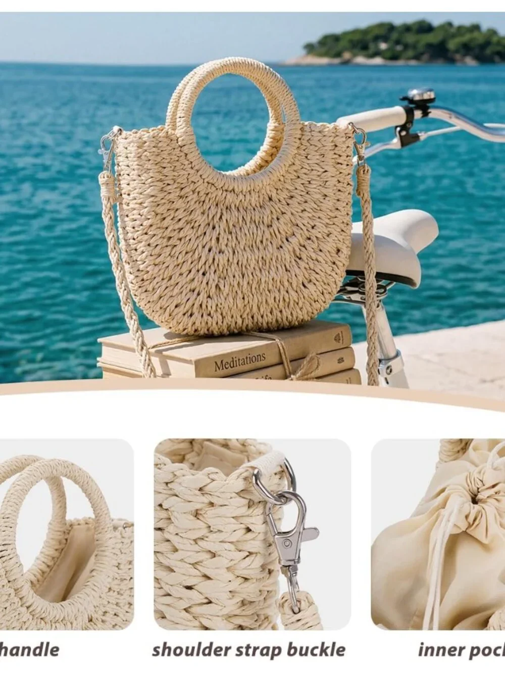 Straw Crochet Hobo Bag for Women, Handmade Purse with Top Handle Woven Half Moon_3